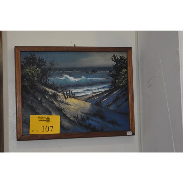 KOA FRAMED OIL ON CANVAS, "BEACH DUNES"; SIGNED BUMO 2015 (17" X 13")