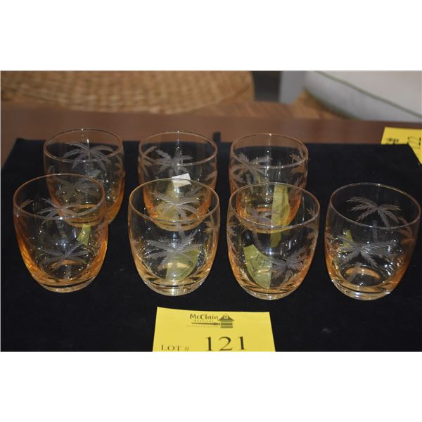AMBER TONED ROCKS GLASSES W/ETCHED PALM TREE DESIGN (7 PCS) (DOES NOT INCLUDE TRAY)