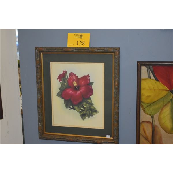 FRAMED VINTAGE AIRBRUSH PRINT, "RED HIBISCUS" BY TED MUNDORFF, 1940'S (16 1/2" X 18 1/2")