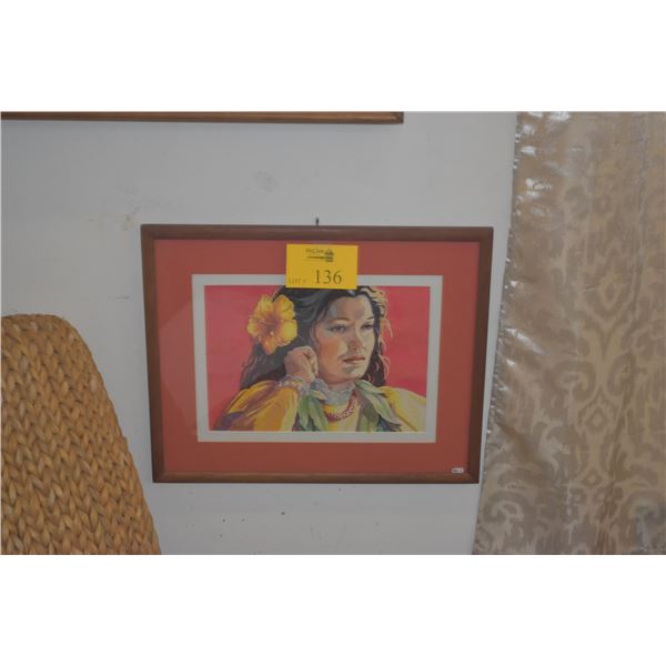 KOA FRAMED WATERCOLOR, "MOE'UHANE KULA-GOLDEN DREAM"; SIGNED JANET STEWART (21" X 17")