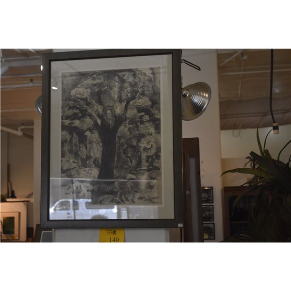 FRAMED LINOLEUM BLOCK PRINT, "AS BROTHER BIRDS VIEW SAINT FRANCIS"; SIGNED JULIETTE MAY FRASER, 1971