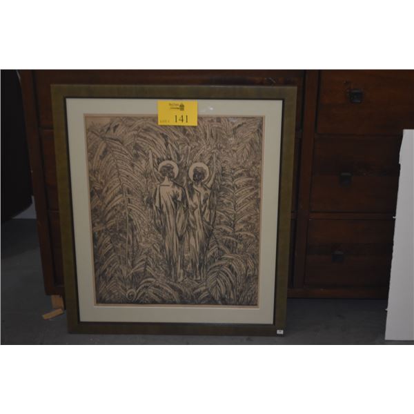 FRAMED INTAGLIO PRINT, "ANGELIC HAWAIIAN CONVERSATION (HEAVENLY HAWAIIAN CONVERSATION)"; SIGNED JULI