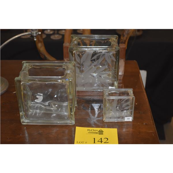 GLASS BLOCK VASES (2 ETCHED, 1 W/WOOD STAND) (3 PCS)