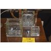 Image 1 : GLASS BLOCK VASES (2 ETCHED, 1 W/WOOD STAND) (3 PCS)