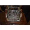 Image 2 : GLASS BLOCK VASES (2 ETCHED, 1 W/WOOD STAND) (3 PCS)
