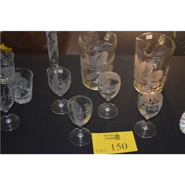 ETCHED GLASS PITCHERS, VASE & GLASSES (10 PCS)