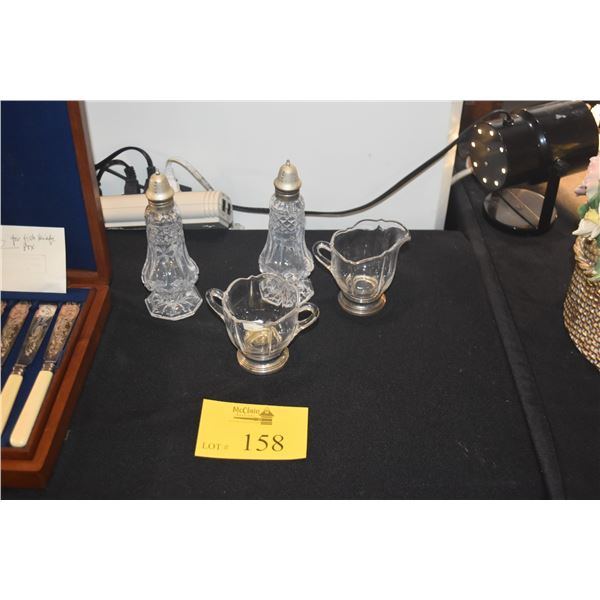 CRYSTAL SALT & PEPPER SHAKERS W/SILVERPLATED TOPS & CREAMER & SUGAR W/STIRLING BASES (4 PCS)
