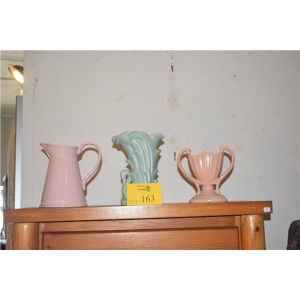 MCCOY POTTERY SWAN VASE, VINTAGE CAMARK POTTERY ART DECO TROPHY VASE & PINK CERAMIC PITCHER (3 PCS)