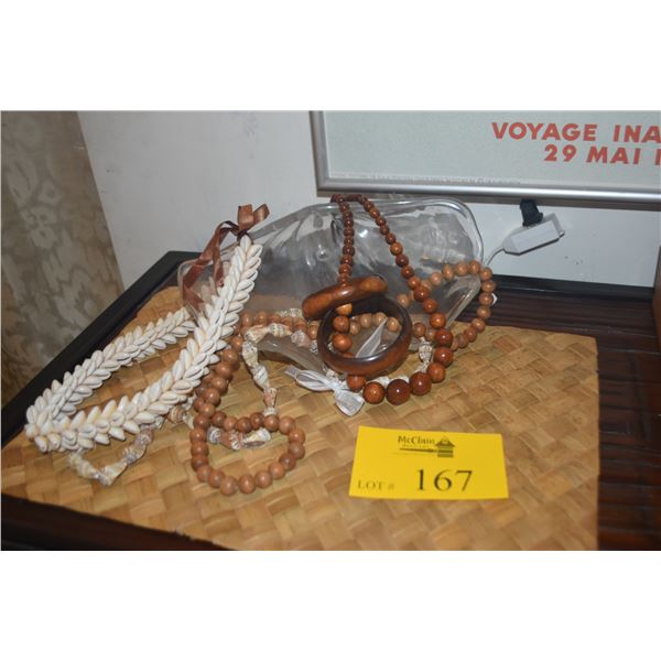 COLLECTION OF SHELL & WOOD BEAD NECKLACES & 2 WOODEN BANGLES (6 PCS) (DOES NOT INCLE STAND & MAT)