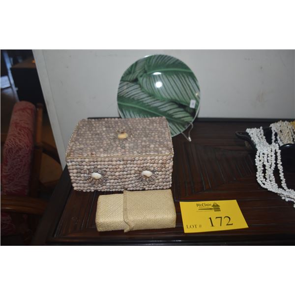 VINTAGE SEASHELL ENCRUSTED TRINKET BOX, WOODEN LAUHALA CARD CASE & PLATE (3 PCS) (DOES NOT INCLUDE S