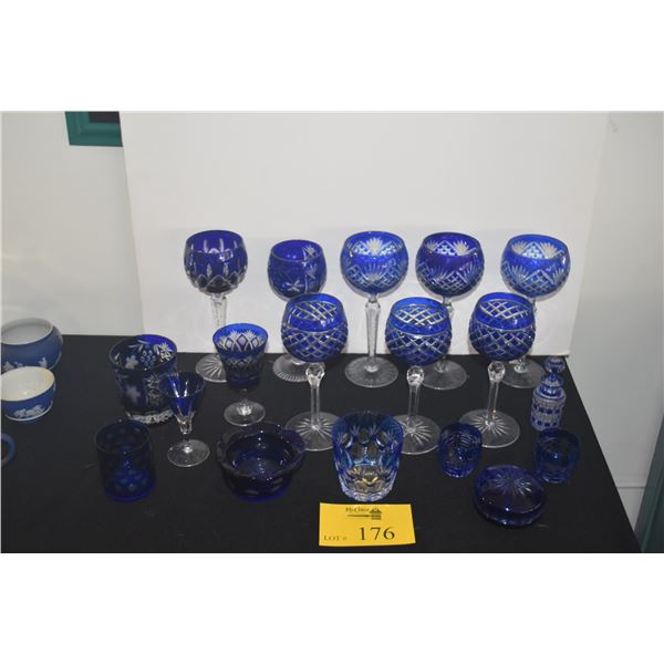 ASSORTED CUT TO CLEAR COBALT BLUE STEMWARE, GLASSES, DISHES & BOTTLE (16 PCS)