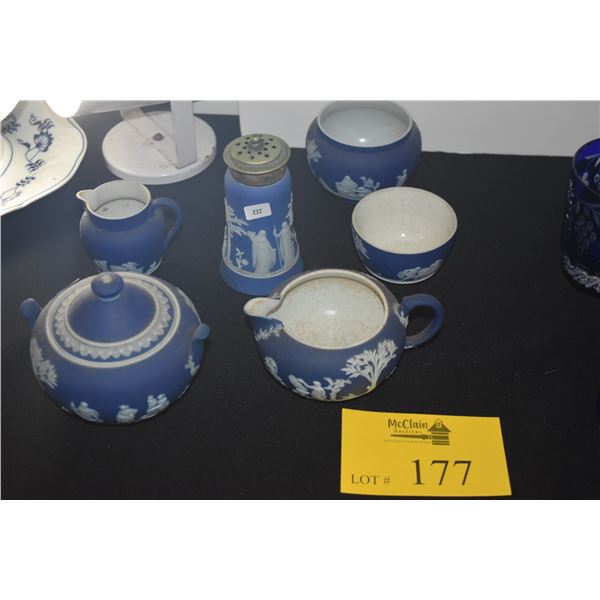ANTIQUE WEDGWOOD CREAMERS, SUGAR BOWL, SUGAR SHAKER & BOWLS (6 PCS)