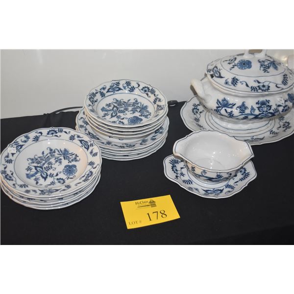 BLUE DANUBE PLATE, BOWLS, GRAVY BOAT & TUREEN, "BLUE ONION" PATTERN (17 PCS)
