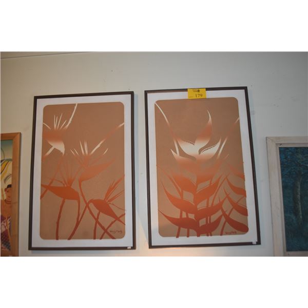2 PCS FRAMED MIXED MEDIA PAINTINGS ON BOARD, "HELICONIA" & "BIRD OF PARADISE" BY TERRY MERTZ (25" X 