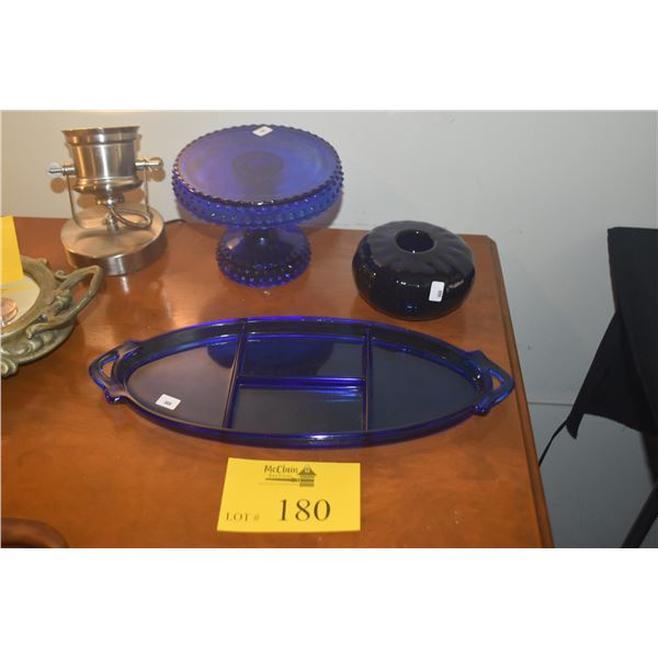 COBALT BLUE CAKE STAND, DRESSER TRAY & VASE (3 PCS)