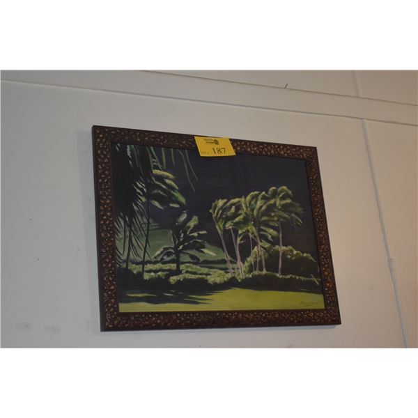 FRAMED PAINTING ON ART BOARD, PALM TREES; SIGNED ROBERT PAYNE HAWAII (27" X 21")