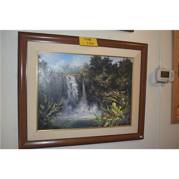 FRAMED OIL ON CANVAS, "THE ROAR OF FALLING WATERS" (RAINBOW FALLS); SIGNED G. EGUCHI (GEORGE) 2018 (