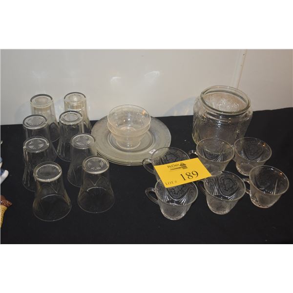 COLLECTION OF PLATES, CUPS, GLASSES, MUGS & JAR W/ETCHED "ROYAL LACE" DESIGNED BY HAZEL-ATLAS GLASS 