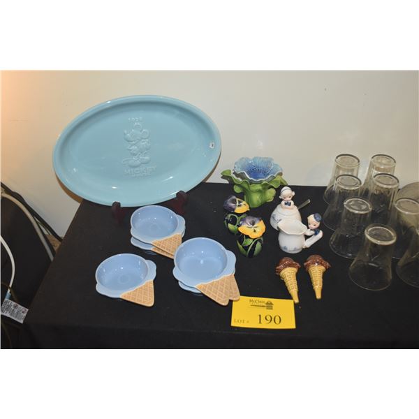 MIXED LOT: MICKEY MOUSE PLATTER, ENESCO CREAMER & SUGAR, FLOWER FIGURINE, SALT & PEPPER SHAKERS & IC