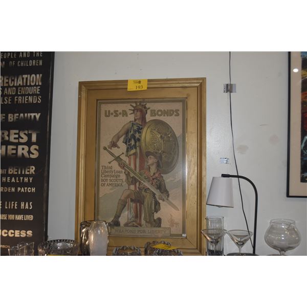 FRAMED USA BONDS, WWI LIBERTY BOND POSTER BY J.C. LEYENDECKER, 1918 (28" X 37 3/4")