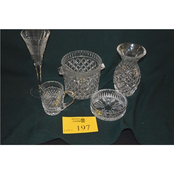 COLLECTION OF WATERFORD CRYSTAL ICE BUCKET, 7" VASE, CREAMER, WINE BOTTLE COASTER & SPIRIT OF AMERIC
