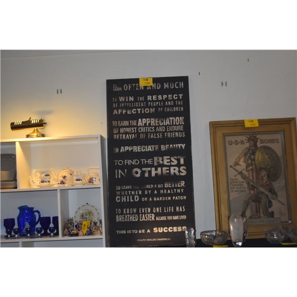 WALL ART PIECE, FAMOUS QUOTE ABOUT SUCCESS FROM RALPH WALDO EMERSON (27" X 54")