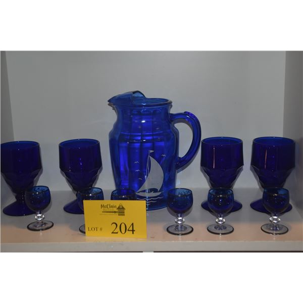 VINTAGE HAZEL ATLAS COBALT BLUE GLASS PITCHER W/SAIL BOAT MOTIF, VIKING GLASS WATER GOBLETS & SHOT G