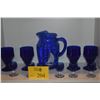 Image 1 : VINTAGE HAZEL ATLAS COBALT BLUE GLASS PITCHER W/SAIL BOAT MOTIF, VIKING GLASS WATER GOBLETS & SHOT G