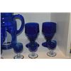 Image 2 : VINTAGE HAZEL ATLAS COBALT BLUE GLASS PITCHER W/SAIL BOAT MOTIF, VIKING GLASS WATER GOBLETS & SHOT G