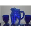Image 3 : VINTAGE HAZEL ATLAS COBALT BLUE GLASS PITCHER W/SAIL BOAT MOTIF, VIKING GLASS WATER GOBLETS & SHOT G