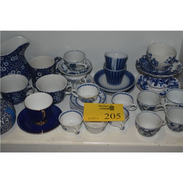 MIXED LOT: COLLECTION OF ASSORTED BLUE & WHITE TEA CUPS, SAUCERS, PITCHERS & STAFFORDSHIRE COVERED B