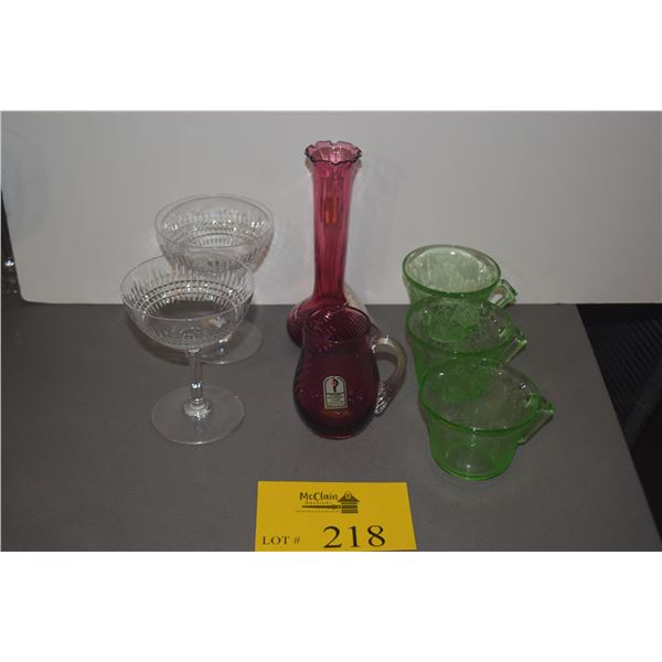 BACCARAT NANCY CRYSTAL CHAMPAGNE SHERBERT GLASSES, CRANBERRY GLASS BUD VASE & CREAMER & HAZEL ATLAS 