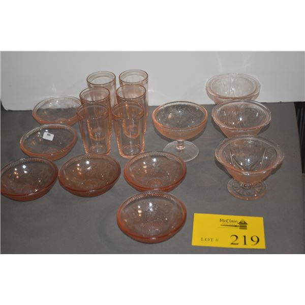 PINK DEPRESSION GLASSES, HAZEL ATLAS ROYAL LACE PINK SHERBERT DISHES & CARNIVAL GLASS BOWLS (16 PCS)