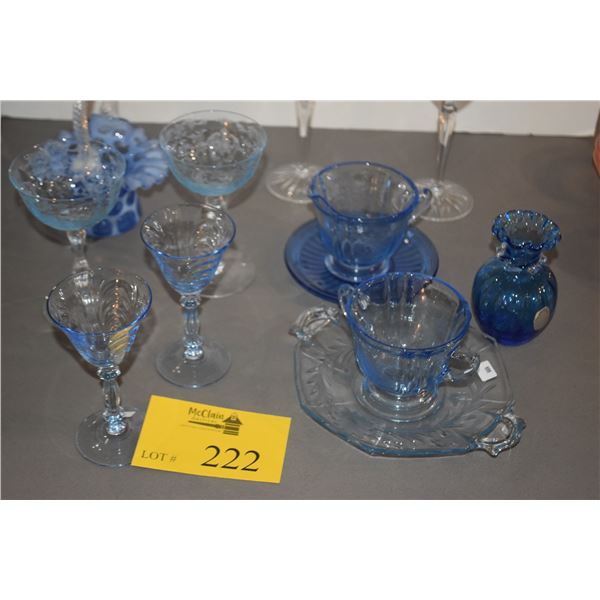 MIXED LOT: COLLECTION OF BLUE STEMWARE, FENTON BASKET, BLUE DEPRESSION GLASS CREAMER & SUGAR & VASE 