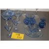 Image 1 : MIXED LOT: COLLECTION OF BLUE STEMWARE, FENTON BASKET, BLUE DEPRESSION GLASS CREAMER & SUGAR & VASE 