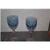 Image 2 : MIXED LOT: COLLECTION OF BLUE STEMWARE, FENTON BASKET, BLUE DEPRESSION GLASS CREAMER & SUGAR & VASE 