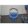 Image 5 : MIXED LOT: COLLECTION OF BLUE STEMWARE, FENTON BASKET, BLUE DEPRESSION GLASS CREAMER & SUGAR & VASE 
