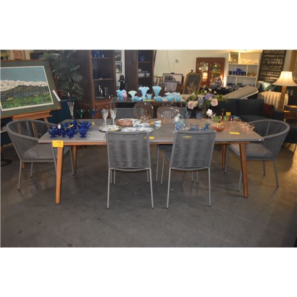 CEMENT OUTDOOR DINING TABLE W/WOODEN TAPERED LEGS & 6 WOVEN CHAIRS (TABLE 93" X 39 1/2" X 30 1/4") (