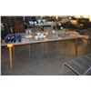 Image 3 : CEMENT OUTDOOR DINING TABLE W/WOODEN TAPERED LEGS & 6 WOVEN CHAIRS (TABLE 93" X 39 1/2" X 30 1/4") (
