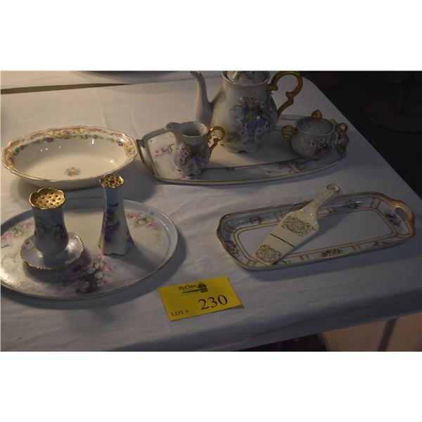 VINTAGE HAT PIN HOLDERS, PORCELAIN TRAYS, PORCELAIN TEA SET & CERAMIC CAKE SERVER (10 PCS)