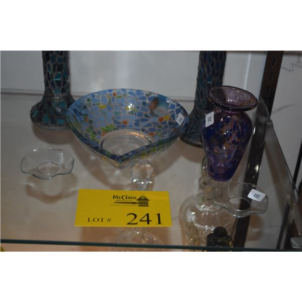MOSAIC GLASS CANDLE HOLDERS, MOSAIC STYLE GLASS BOWL, ART GLASS VASE & GLASS BOBECHE (6 PCS)