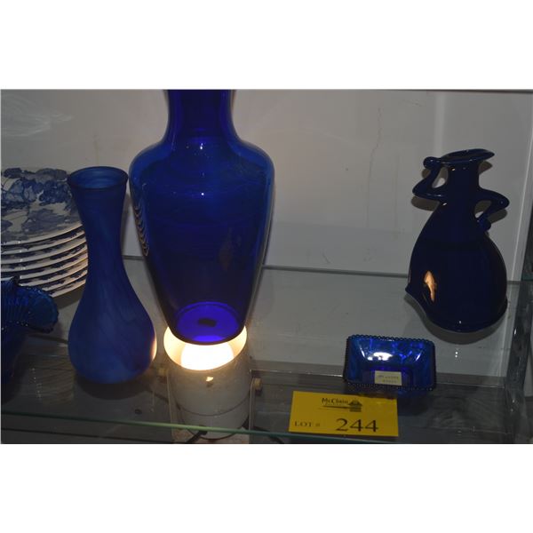 COLLECTION OF COBALT BLUE VASES, BASKET, MOSSER GLASS DISH & BOWL W/BLUE GRAPE MOTIF (13 PCS)
