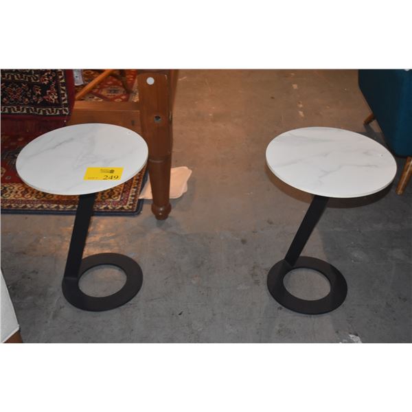 PAIR WHITE MODERN STONE SIDE TABLES W/METAL BASES (PAIR)