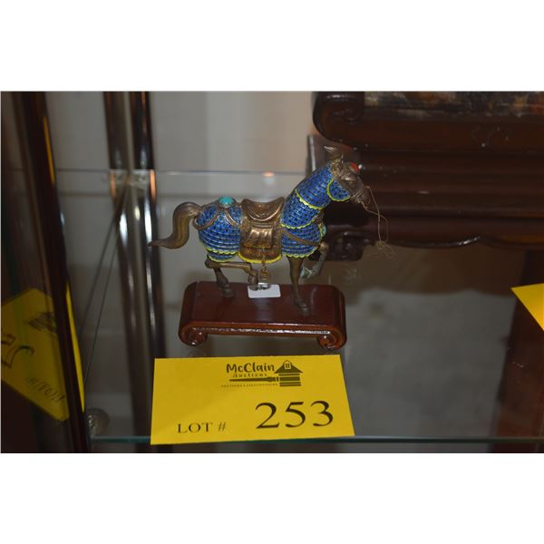 CHINESE STERLING SILVER HORSE FIGURINE W/ENAMEL ARMOR (5" X 5")
