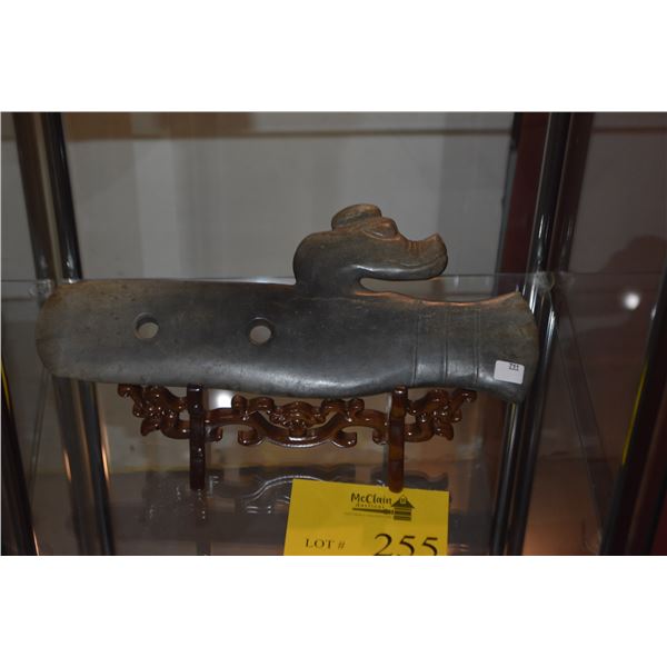 CHINESE RITUAL STYLE STONE AXE ON ROSEWOOD STAND (13" X 5 1/4")