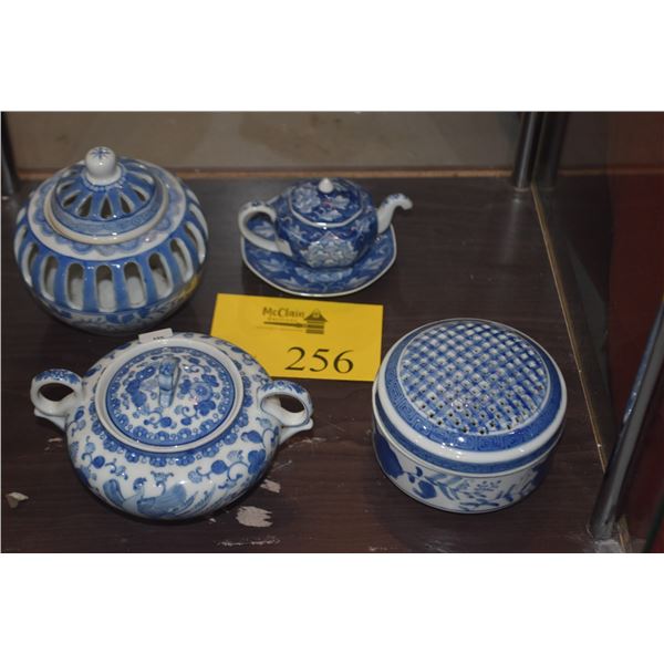 ASIAN BLUE & WHITE PORCELAIN COLLECTION OF CENSERS, TEAPOT & COVERED JAR (5 PCS)