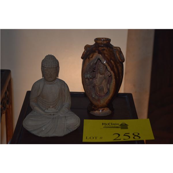 WHITE PORCELAIN BLANC DE CHINE GUANYIN FIGURE, CARVED WOODEN MEDITATING BUDDHA & BANKO WARE POTTERY 