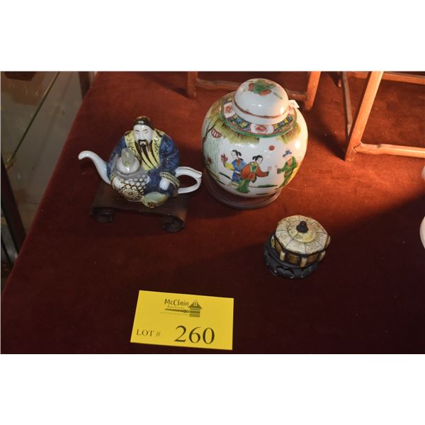 ANTIQUE CHINESE BONE SCRIMSHAW OPIUM BOX, CHINESE PORCELAIN GOD OF LONGEVITY TEAPOT & CHINESE PORCEL