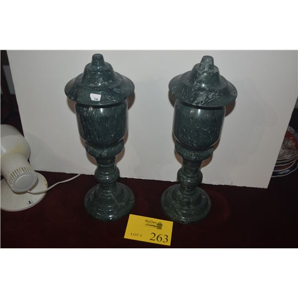 PAIR CARVED MARBLE SHAPE LANTERNS W/LIDS (15 1/2")