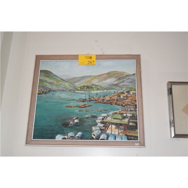 FRAMED CHINESE POLYCHROME OIL PAINTING, BAY OF SAN PANS; SIGNED (23" X 26")